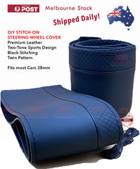 Black Leather Steering Wheel Cover- Stitch-on black thread + Two Tone Pattern DIY