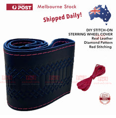 DIY Leather Steering Wheel Cover- Cross + Diamond Luxury Sports pattern, Black Leather with Red Stitching