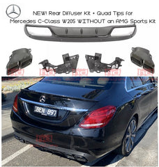 Mercedes C-Class Rear Diffuser Kit for W205 C200 C250 C300 without an AMG Kit! Inc. Quad Tips