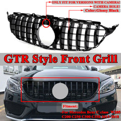 GT R Style Front Grille Grill W/ Camera For Mercedes Benz W205 C200 C250 C300 Glossy Black 2015-2018